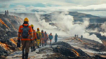 A team of geothermal engineers in safety gear examining a volcanic landscape with steam vents.