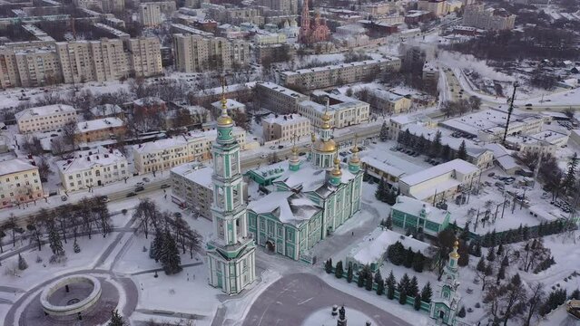 Aerial panoramic view of architectural ensemble of Spaso-Preobrazhensky Cathedral in Russian town of Tambov on sunny winter day