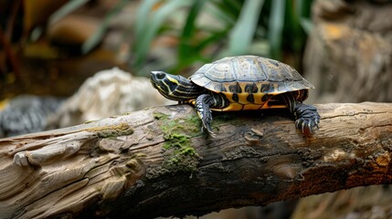 A turtle is laying on a log in the sun