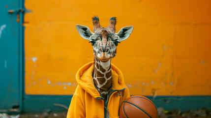 A Giraffe Dressed as a Basketball player wearing