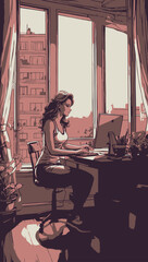 A lady working at the computer on the room outside of a window on the room, view from the drone, comic book illustration style, simple, cute, full colors