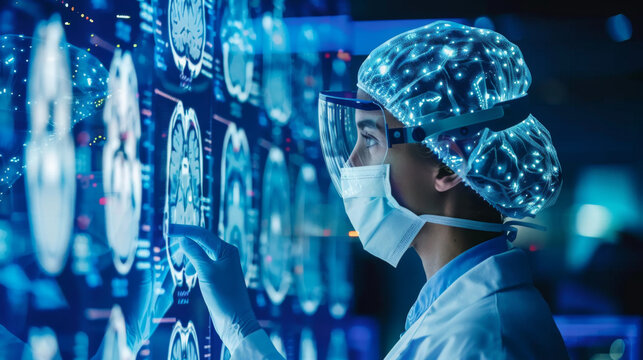 A healthcare professional analyzing patient data on a futuristic interface with digital brain scans and medical imagery.