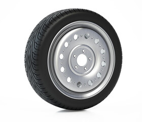 Obraz premium Car tire and wheel isolated on white background. 3D illustration
