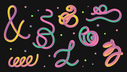 Y2K spiral 3d neon liquid shapes. Trendy vivid colorful gradient elements. Retro design abstract objects. Vibrant vector forms, spirals, waves, blend strokes.