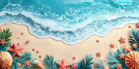 Stylized beach and ocean scene with waves and tropical decor, ideal for creative and travel-related content.