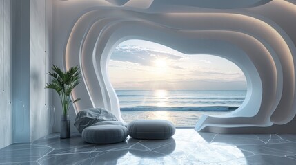 futuristic interior of a room within a luxury cottage or hotel. The white walls evoke natural forms, complemented by a modern armchair and a floor-to-ceiling window offering a picturesque view