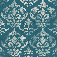 Seamless elegant blue and beige damask pattern with vintage distress marks. This seamless design features intricate florals and classic embellishments, perfect for wallpapers and textiles