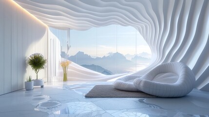 Interior of a room in a minimalist futuristic style in a luxury cottage or hotel. White walls reminiscent of natural forms, a modern armchair, a floor-to-ceiling window with a picturesque view