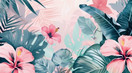 Botanical painting featuring pink flowers and green leaves