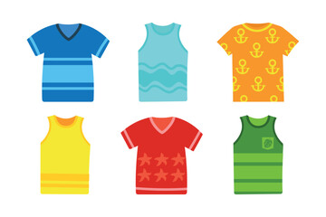 A set of summer T-shirts, with different colors and designs. Clothing icons vector illustration