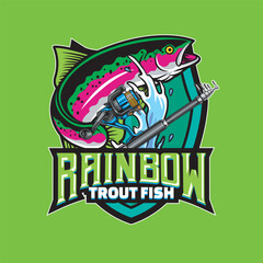 Vector Illustration of Rainbow Trout Fish with Fishing Rod and Waves on Vintage Illustration Available for Fishing Badge