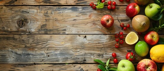 Various kinds of healthy food from vegetables, fruit and meat on a wooden table background - Powered by Adobe