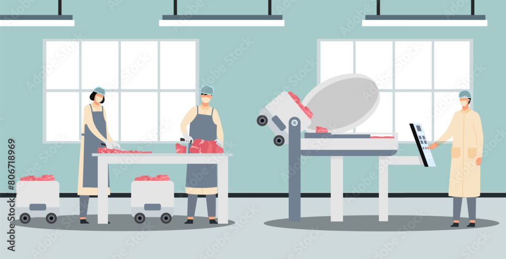 Wall mural People working in factory of meat products. Vector of factory product meat, production and processing technology illustration