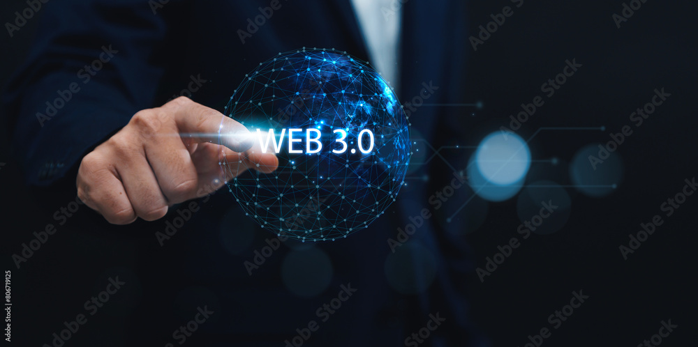 Poster future internet blockchain business person interacting with web 3.0 global communication and network