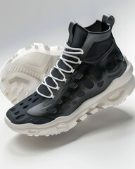 3D rendered sneakers with a creative designed orthopedic sole, ad mockup isolated on a white and gray background.