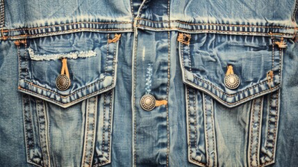 Detailed Texture of Vintage Denim Jacket with Metallic Buttons
