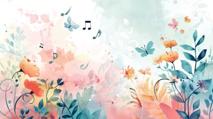A painting featuring vibrant flowers intertwined with musical notes in a harmonious composition