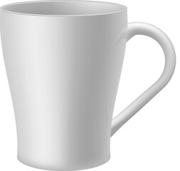 Realistic mug. White ceramic cup. 3d isolated object. Tea or coffee hot drink utensil, cafe and restaurant morning beverage dishware, side view element. Blank mockup. Vector illustration