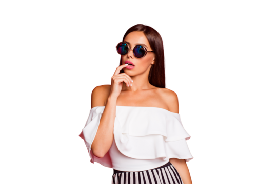 Portrait of nice cute lovely pretty well-groomed attractive lady wearing white off-the-shoulders top finger touching lips mouth isolated over pastel red background