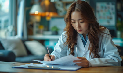 Asian female doctor in white coat studying patient's file on clipboard, taking notes, writing medical prescription or insurance claim at hospital