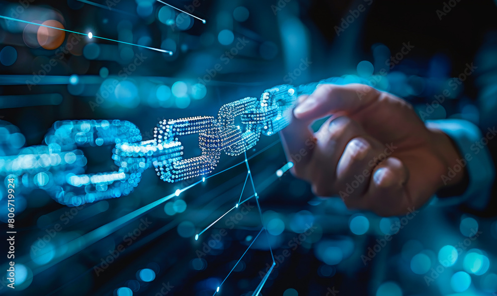Poster businessman interacting with virtual blockchain interface - global data network, crypto technology, 