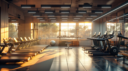 Interior of a modern fitness hall with rows of treadmills, atmosphere of an active lifestyle