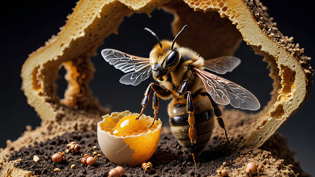 Ai image generate queen bee taking care of eggs