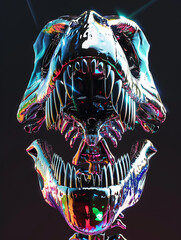 Black 3d render of holographic chrome futuristic dinosaur skull, front view, open mouth, big teeth,...