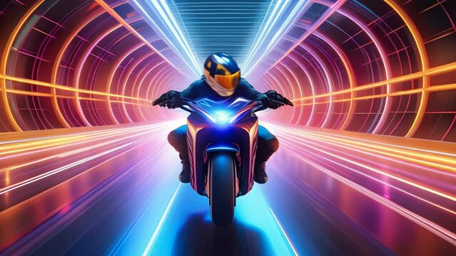 A motorcyclist wearing a helmet and leather jacket rides a motorcycle through a neon-lit tunnel, streaks of light conveying speed and motion. The image evokes a sense of adventure and excitement.
