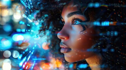  A black woman in profile with computer code and data visualizations overlaying her face, overlaying digital elements