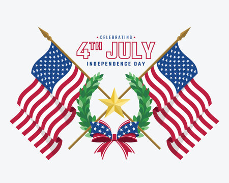 Celebrating 4th of july, independence day - Text and two crossed american flag with Gold star and wreath vector design