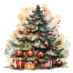 clipart decorated christmas tree with presents in watercolor style on transparent background illustration