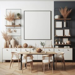 A dining Room with a template mockup poster empty white and with a table and chairs image art attractive.