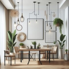 A dining Room with a template mockup poster empty white and with a table and chairs image art realistic attractive lively.