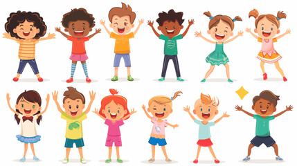 Fototapeta premium Happy kids cartoon collection. Multicultural children in different positions isolated on white background. Simple illustration. Happy children, multiracial group. Design elements.