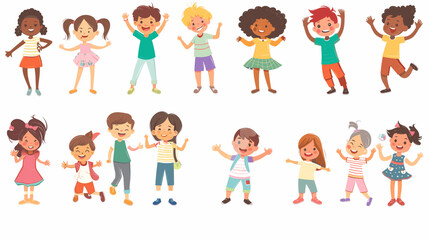 Fototapeta premium Happy kids cartoon collection. Multicultural children in different positions isolated on white background. Simple illustration. Happy children, multiracial group. Design elements.