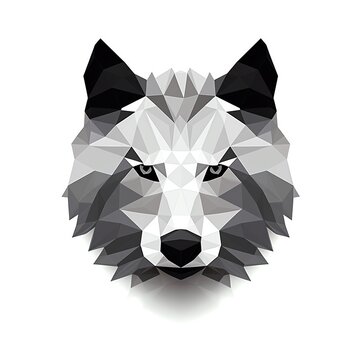 A low poly wolf made of black, grey and white triangles.
