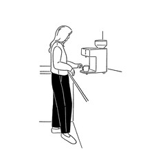Woman making coffee with coffee machine at pantry People lifestyle Hand drawn Line art Illustration
