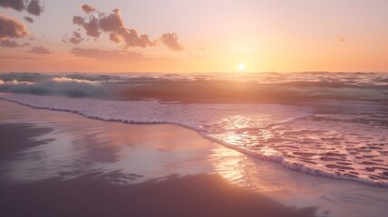  A serene beach scene unfolds, with waves whispering secrets as the sun dips below the horizon. 
