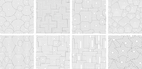 Black and white seamless pattern for coloring book in doodle style. Circles, triangles, quadrangles, hexagons, hearts, polygons, crosses.