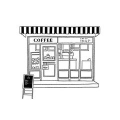 Coffee shop Cafe with seats and menu sign Window display Small Business Hand drawn line art illustration