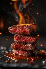 Close-up image of a stacked, medium-rare cooked steak with vibrant flames and droplets of sauce, emitting an appetizing aroma.