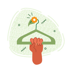 Vector illustration in flat style with a hand holding a hanger with recycled materials. Flat illustration on the theme of environmental protection and clean energy production.