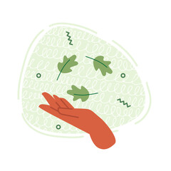 Vector illustration in flat style with hand holding green leaves. Flat illustration on the theme of environmental protection and clean energy production.