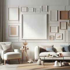 A living room with a template mockup poster empty white and with a couch and a coffee table art realistic has illustrative meaning.