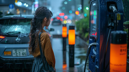 Asian woman using an electric vehicle (EV) charger at a charging station.generative ai
