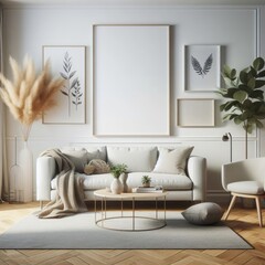 A living room with a template mockup poster empty white and with a couch and a coffee table image realistic used for printing.