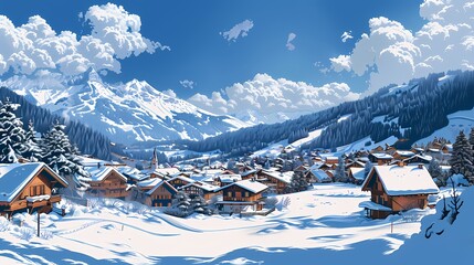 Snowy mountains and village illustration poster background