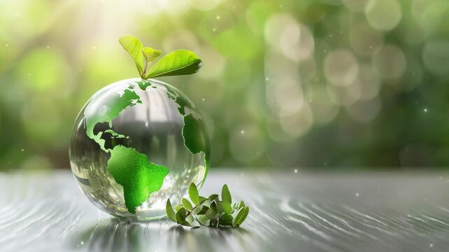 Crystal globe with sustainable development and ESG icon for environment social, governance, and business cooperation for World sustainable environment social governance concept. Earth Day