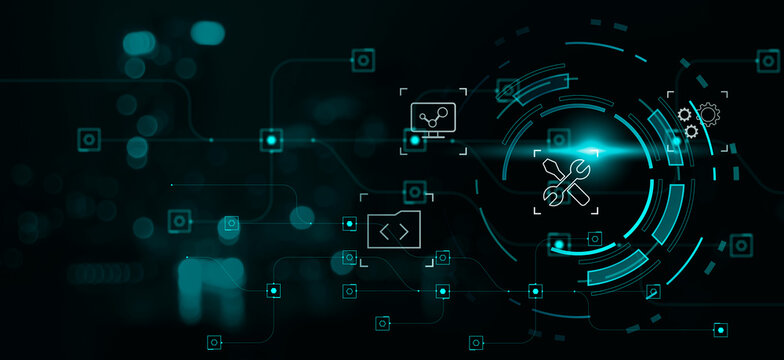 Software engineering designing programming code application softwares development using AI digital artificial intelligence, computer internet technology industry graphical icon, banner background.